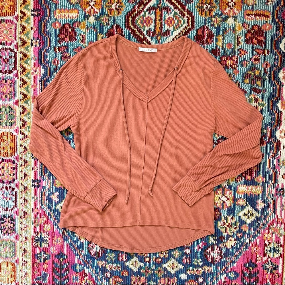 Cbrand Terracotta Orange Long Sleeved Ribbed Relaxed V-Neck Drawstring Top Sz M - Picture 13 of 13